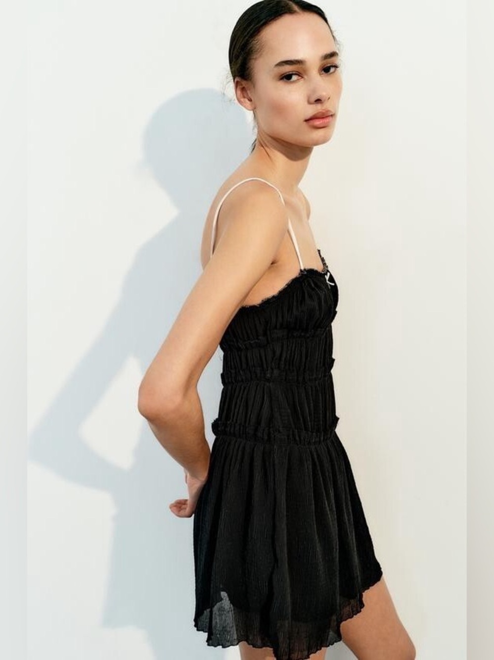 Zara Black Ruched Mini Dress with Thin Straps